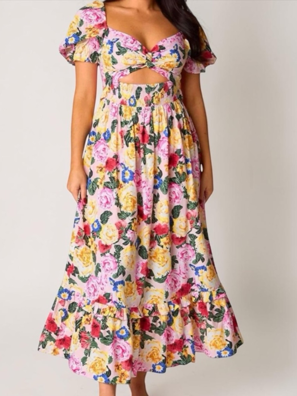 Buddy Love Ross Maxi Dress Monet Rose Floral Midriff Cutout Size M Derby Dress